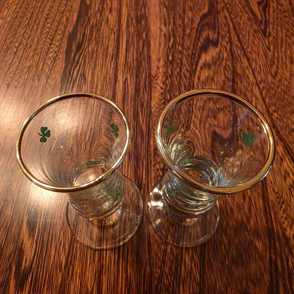 Vintage Shamrock Cordial Glasses Pair Gold Rim Irish Liqueur St Patricks Day 4